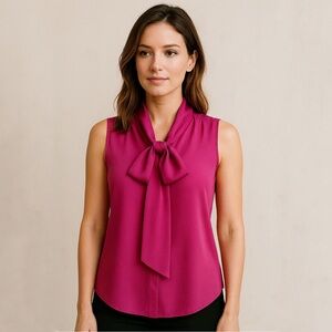 NWT DKNY Pink Front Sash Tie Collar Sleeveless Blouse Size Small